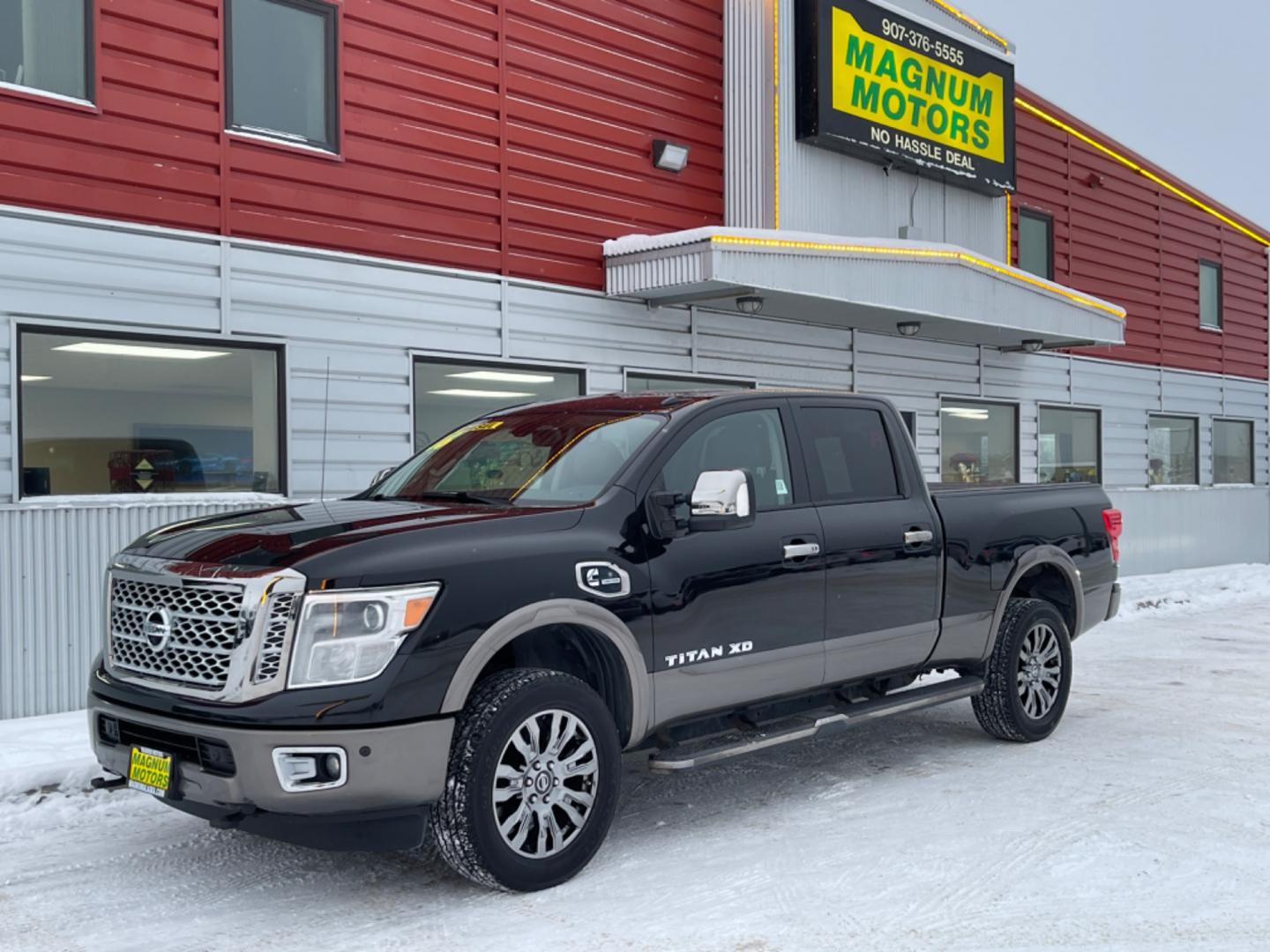 2016 Black /black leather Nissan Titan XD PLATINUM RESERVE 4WD (1N6BA1F46GN) with an 5.0L V8 DOHC 32V DIESEL engine, 6A transmission, located at 1960 Industrial Drive, Wasilla, 99654, (907) 274-2277, 61.573475, -149.400146 - Photo#0